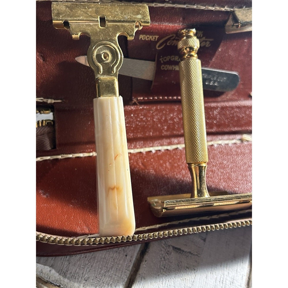 Vintage Hickok Commuter Leather Zip W/3 Old Gillette‎ Schick Razors Top Cowhide